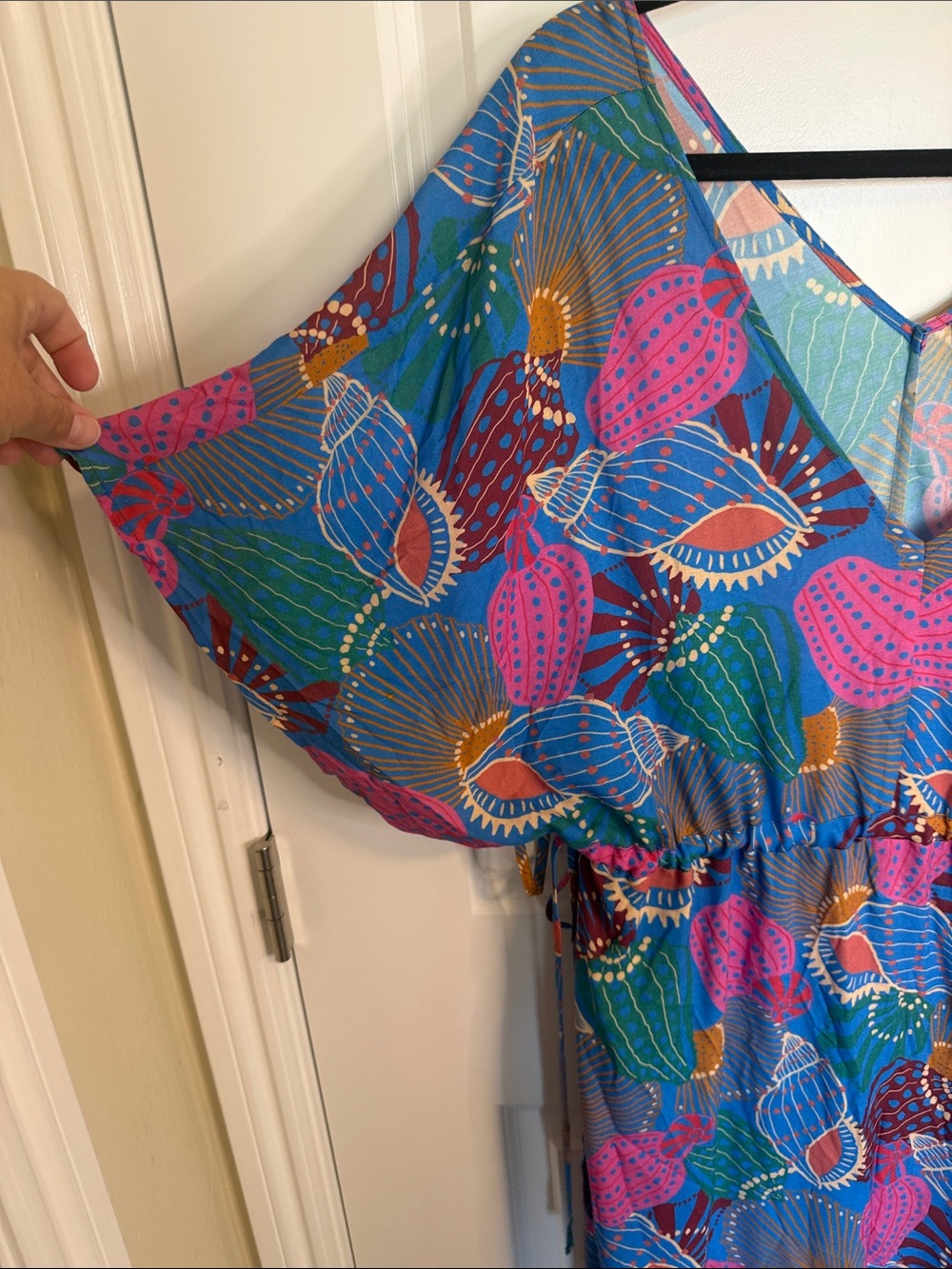 Anthropologie Teal Maxi Dress/ Beach Cover-up. Pink, Green & Gold Shell Print - Picture 8 of 8